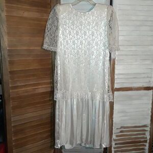 Vintage Dress Size 14 Lace Overlay Short Sleeve Sheer Lace Midi